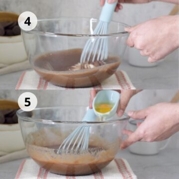 tazones de vidrio con mezcla de chocolate, aceite y huevos con un batidor de mano