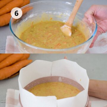 mezcla para torta de zanahoria sin gluten en el molde lista para llevar al horno.