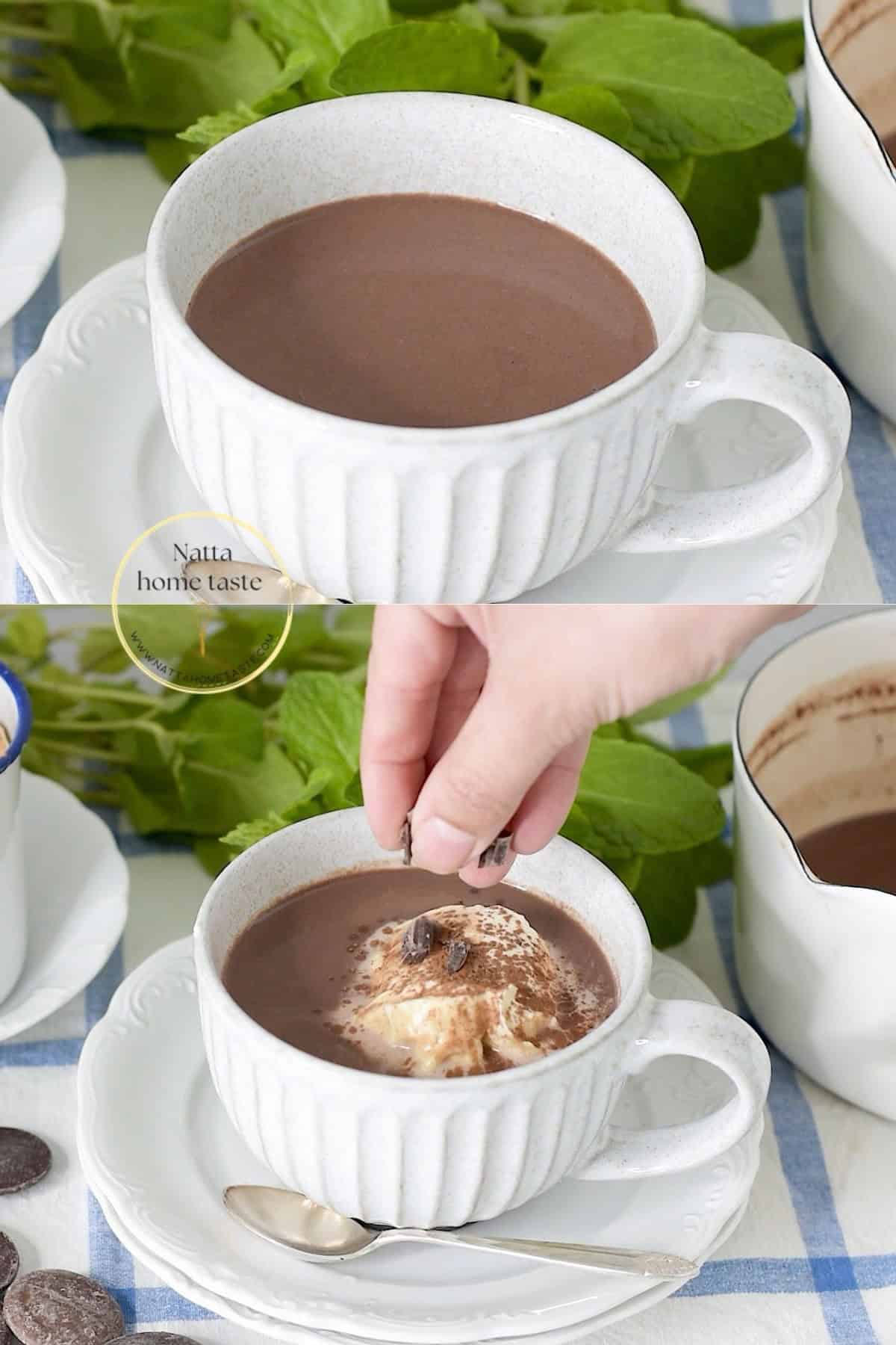 taza de chocolate caliente con crema batida y trozos de chocolate sobre un plato blanco redondo