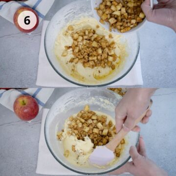 tazón de vidrio con masa de pastel con manzanas en trozos y nueces 