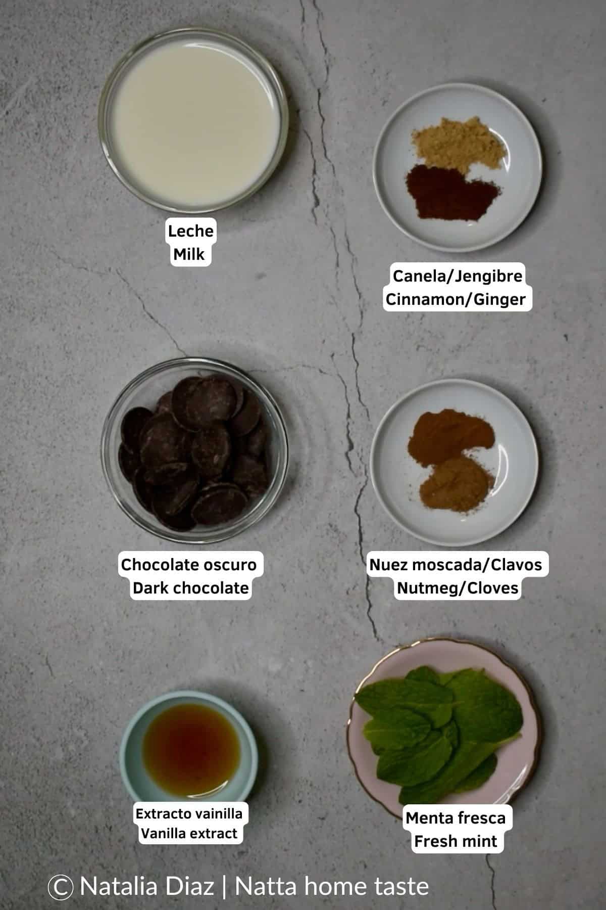 ingredientes para preparar una taza de chocolate caliente. todos los ingredientes están en contenedores redondos.