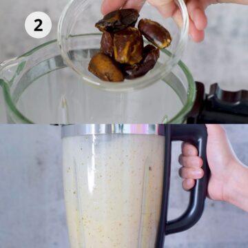 leche de coco y dátiles en vaso de licuadora.