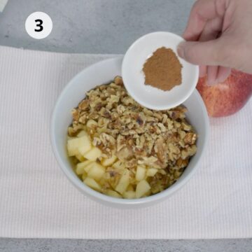 tazón pequeño con manzanas en trozos, nueces picadas y canela 