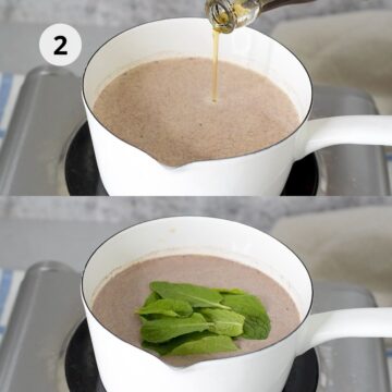 olla blanca con leche, chocolate y hojas de menta fresca