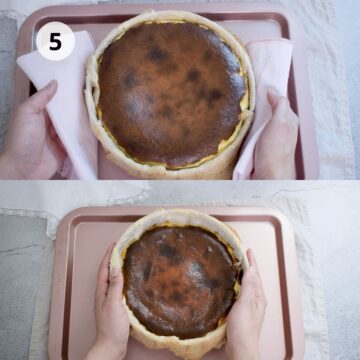 tarta de queso vasca acabada de salir del horno. Dorada en la parte superior .