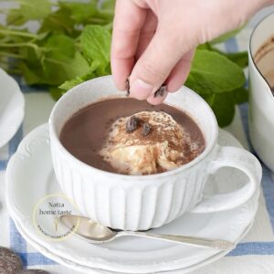 taza de chocolate caliente con crema batida y trozos de chocolate sobre un plato blanco redondo