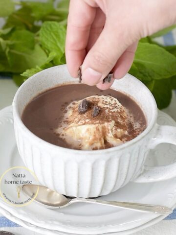 taza de chocolate caliente con crema batida y trozos de chocolate sobre un plato blanco redondo