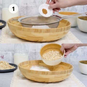 Tazón de madera con mezcla de ingredientes secos, harina, sal, avena en hojuelas 
