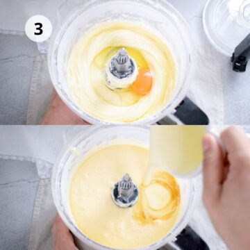 procesador de alimentos con mezcla de queso crema, huevos y crema de leche