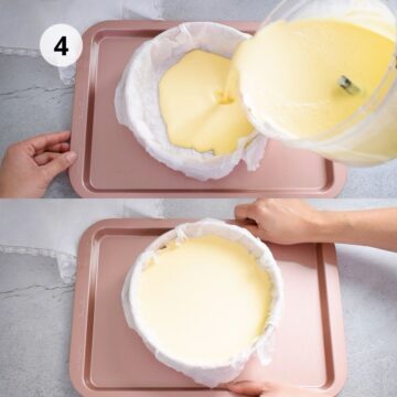 mezcla de cheesecake liquida en molde redondo sobre bandeja para hornear