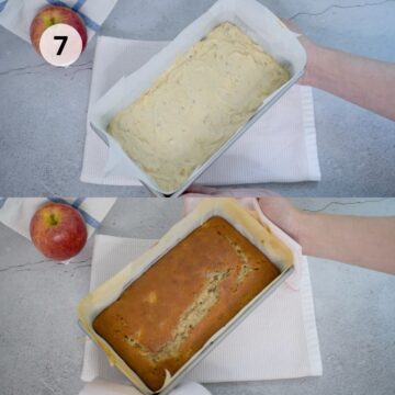 Bizcocho de manzana en molde rectangular listo para llevar al horno