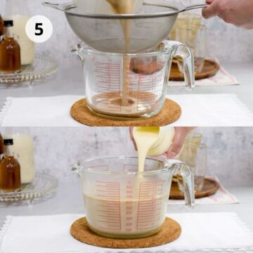 jarra transparente con ponche de huevo y un colador metálico