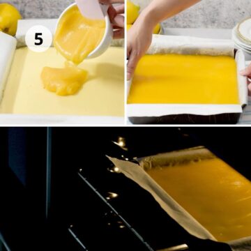 cheesecake de limón en un molde cuadrado en el horno.