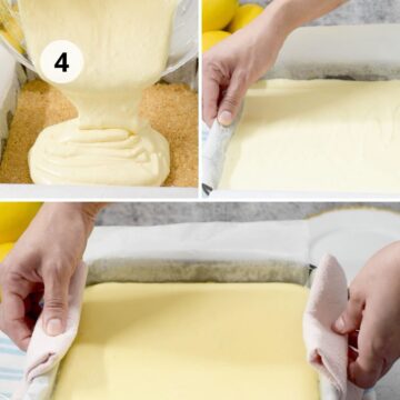 serie de imágenes con la secuencia de una mezcla de cheesecake lista para llevar al horno 
