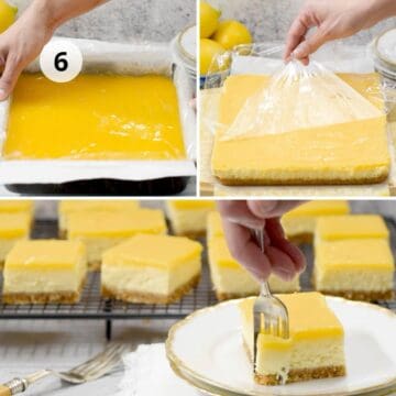 cheesecake de limón en molde cuadrado y luego en porciones cuadradas .