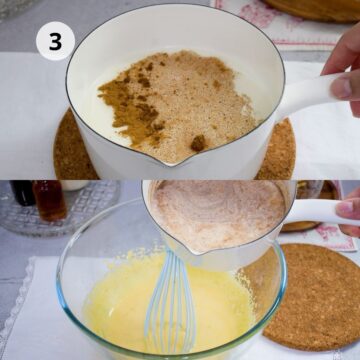 olla pequeña con leche y especias en polvo, y un tazón grande con mezcla de yemas de huevo y azúcar