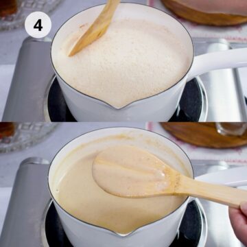 olla pequeña con leche caliente con una cuchara de madera