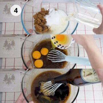 tazón grande con una mezcla de aceite, azúcar, huevos y cerveza Guinness