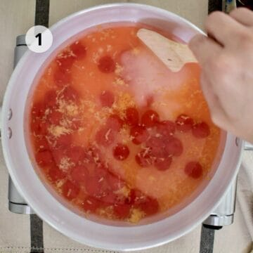 olla blanca con cerezas en almíbar, agua, azúcar y ralladura de limón