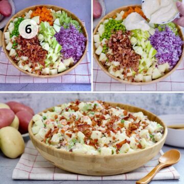 ensalada de papa en un contenedor de madera sobre una mesa 