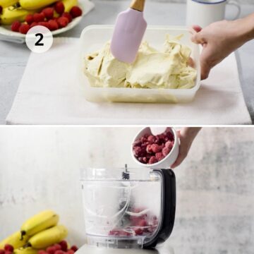 contenedor plástico con helado de banana congelada y frambuesas congeladas en un procesador de alimentos.