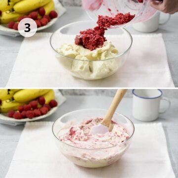 helado de banana congelada y frutilla en un contenedor redondo de vidrio.