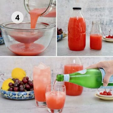limonada de cerezas en botellas de vidrio y vasos con agua con gas o soda