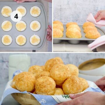 pan de queso brasileño en molde de muffins acabando de salir del horno.