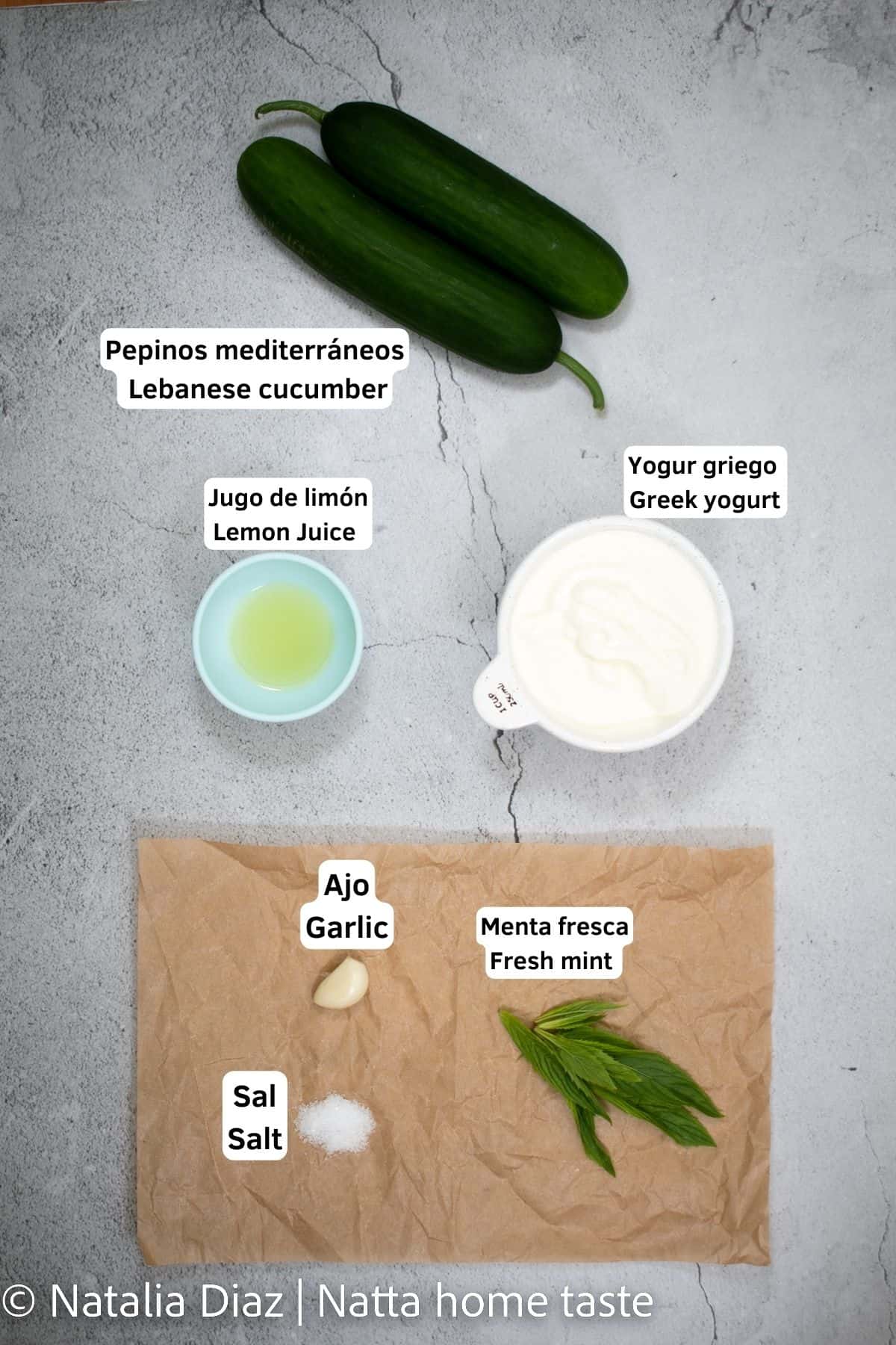 Ingredientes para preparar una salsa griega de yogur y pepino. Pepinos, yogur griego, menta fresca, limón, sal y ajo