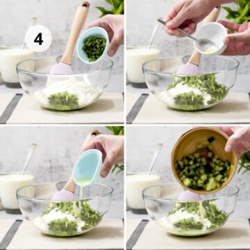 4 tomas diferentes de un tazón de vidrio con una mezcla de yogur griego, pepino, menta fresca y jugo de limón.