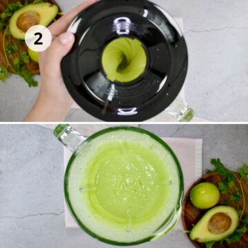 imagen desde arriba de un vaso de licuadora con una aderezo de aguacate.