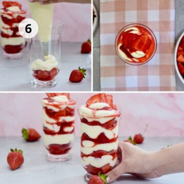 Armado de los vasos de fresas con crema: capas alternas de fresas con mermelada y crema en un vaso transparente, listos para vender o disfrutar.