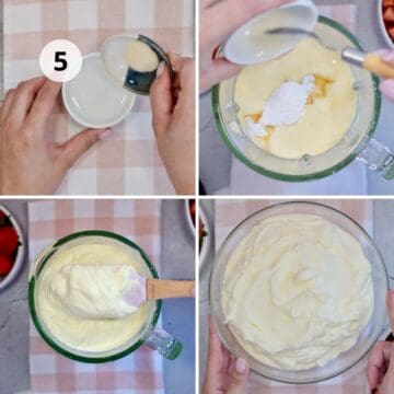 Preparación de la crema batida: hidratando gelatina, mezclando con crema, azúcar y vainilla hasta obtener una textura esponjosa.