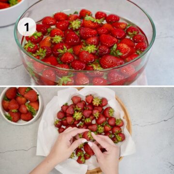 Fresas frescas sumergidas en un recipiente con agua y bicarbonato de sodio para limpiarlas. Luego, las fresas se secan cuidadosamente sobre una toalla de papel.