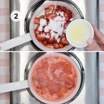 en una olla, fresas picadas con azúcar y jugo de limón antes de cocinar.