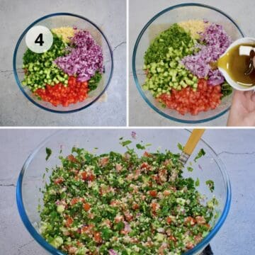 ensalada de tabulé con cuscús en un tazón grande de vidrio.