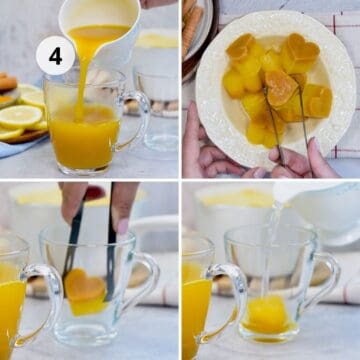 Proceso de servir el té, mostrando cubitos de té de cúrcuma en forma de corazones, colocados en tazas de cristal antes de añadir agua caliente.