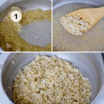 Tres fotos del proceso de cocción del arroz integral: primero, el arroz crudo en una olla; luego, el arroz cocinándose con agua; y finalmente, el arroz cocido listo en la olla.