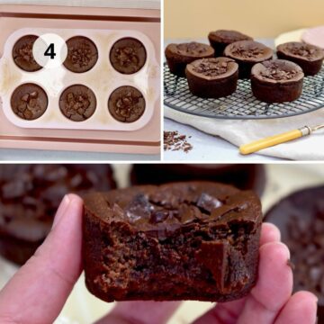 brownies recién horneados en el molde, enfriándose sobre una rejilla, y uno de ellos partido mostrando su interior húmedo y chocolatoso.