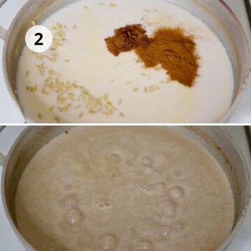 Dos fotos del arroz cociéndose en leche. En la primera, se ven especias como canela y nuez moscada sobre la leche. En la segunda, la mezcla comienza a hervir.