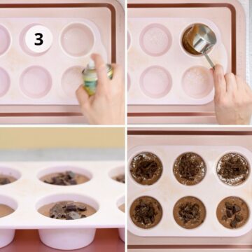 Paso 3 para hacer brownies sin huevo: engrasar molde de silicona, verter la mezcla en cada espacio, y decorar con trozos de chocolate antes de hornear.