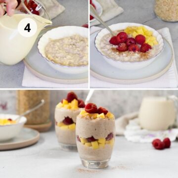 Tres fotos del arroz con leche servido en un tazón. En la primera, se vierte más leche desde una jarra. En la segunda, se agregan frambuesas y mango. En la tercera, dos vasos con el postre terminado.