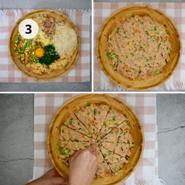 Mezcla de atún, papa, vegetales, huevo y condimentos para formar tortitas de atún caseras, dividida en porciones.