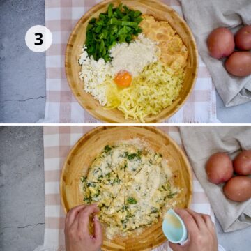 Mezcla de papas, queso feta, queso mozzarella, espinacas, cebolla y harina de almendras para hacer tortitas de papa caseras.