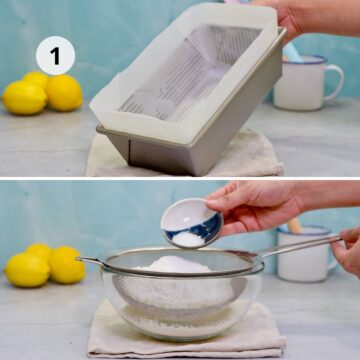 Molde rectangular forrado con papel para hornear y mezcla seca de harina, sal y polvo de hornear lista para usar.