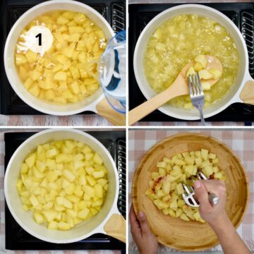 Paso a paso para cocinar papas y hacer puré para preparar croquetas de papa y espinacas.
