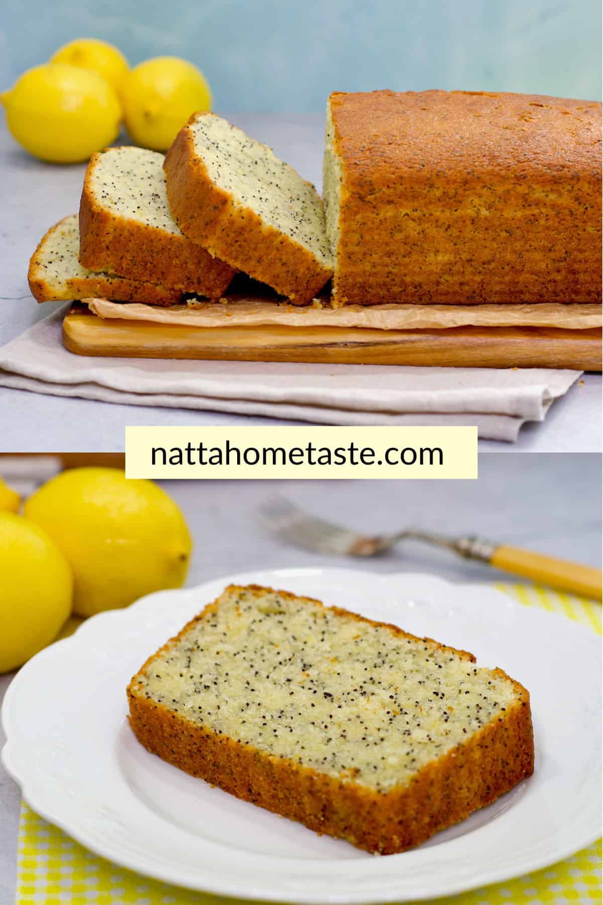 Rebanadas de torta de limón y semillas de amapola servidas sobre una tabla de madera, con limones en el fondo.