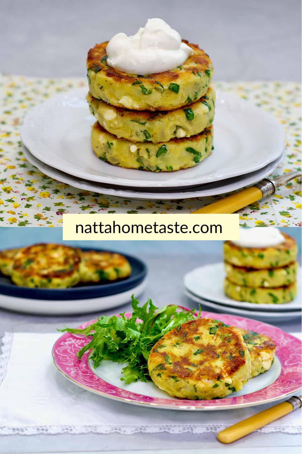 Tortitas de papa con queso mozzarella y espinacas, doradas por fuera y suaves por dentro, servidas con crema en un plato blanco.
