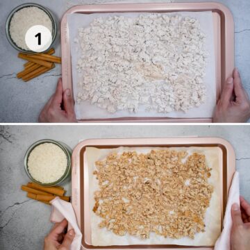 Pulpa de arroz extendida sobre una bandeja con papel para hornear antes y después de hornearse.