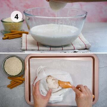 Mano exprimiendo una bolsa para leches vegetales sobre un bol grande con horchata de arroz, y pulpa sobrante siendo extendida sobre una bandeja con papel de hornear para reutilizarla en otra receta.